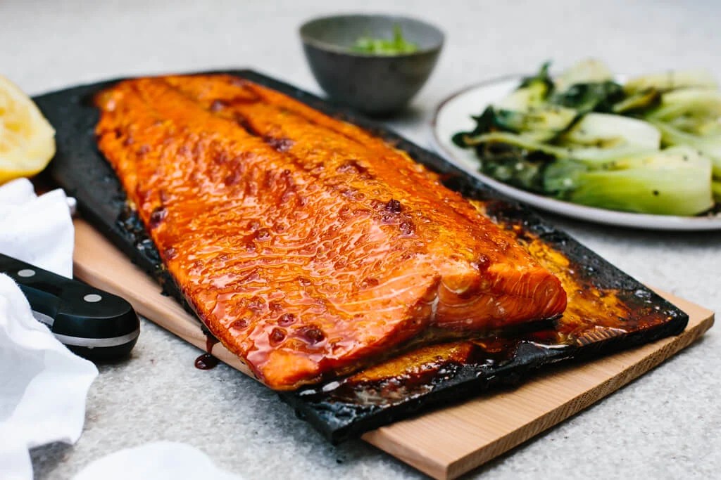 Maple-Ginger Grilled Cedar Plank Salmon with Quick Coleslaw
