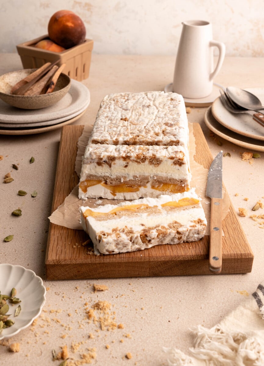 Peaches and Cream Ice Cream Cake with Crunchy Oatmeal Cookies & Granola