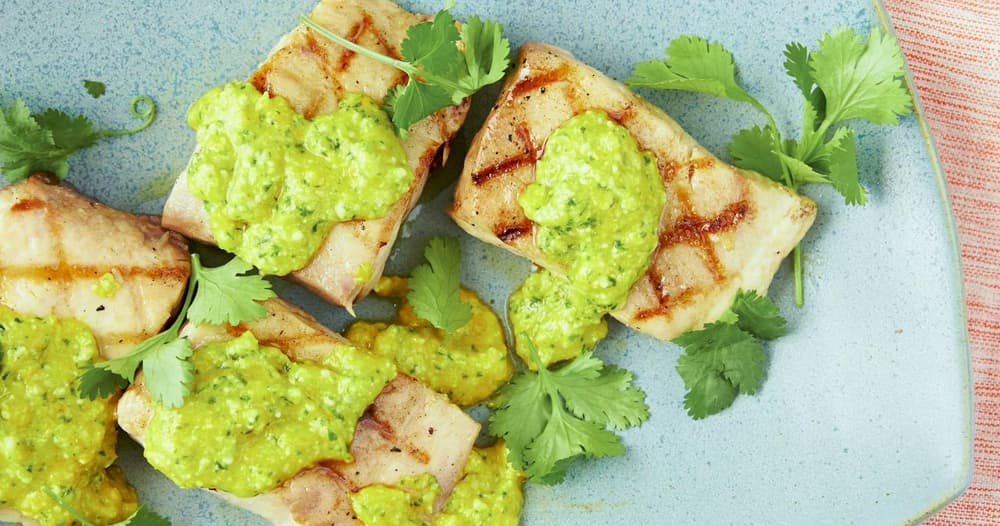 21-Minute Barbecued Mahi Mahi with Yellow Pepper-Cilantro Pesto