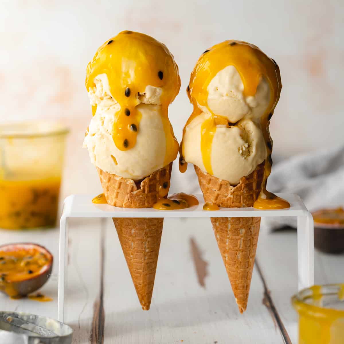 No-Churn Passion Fruit Ice Cream with Rum-Vanilla Caramel Sauce