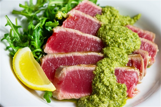 Quick Grilled Tuna with Creamy Basil Pesto