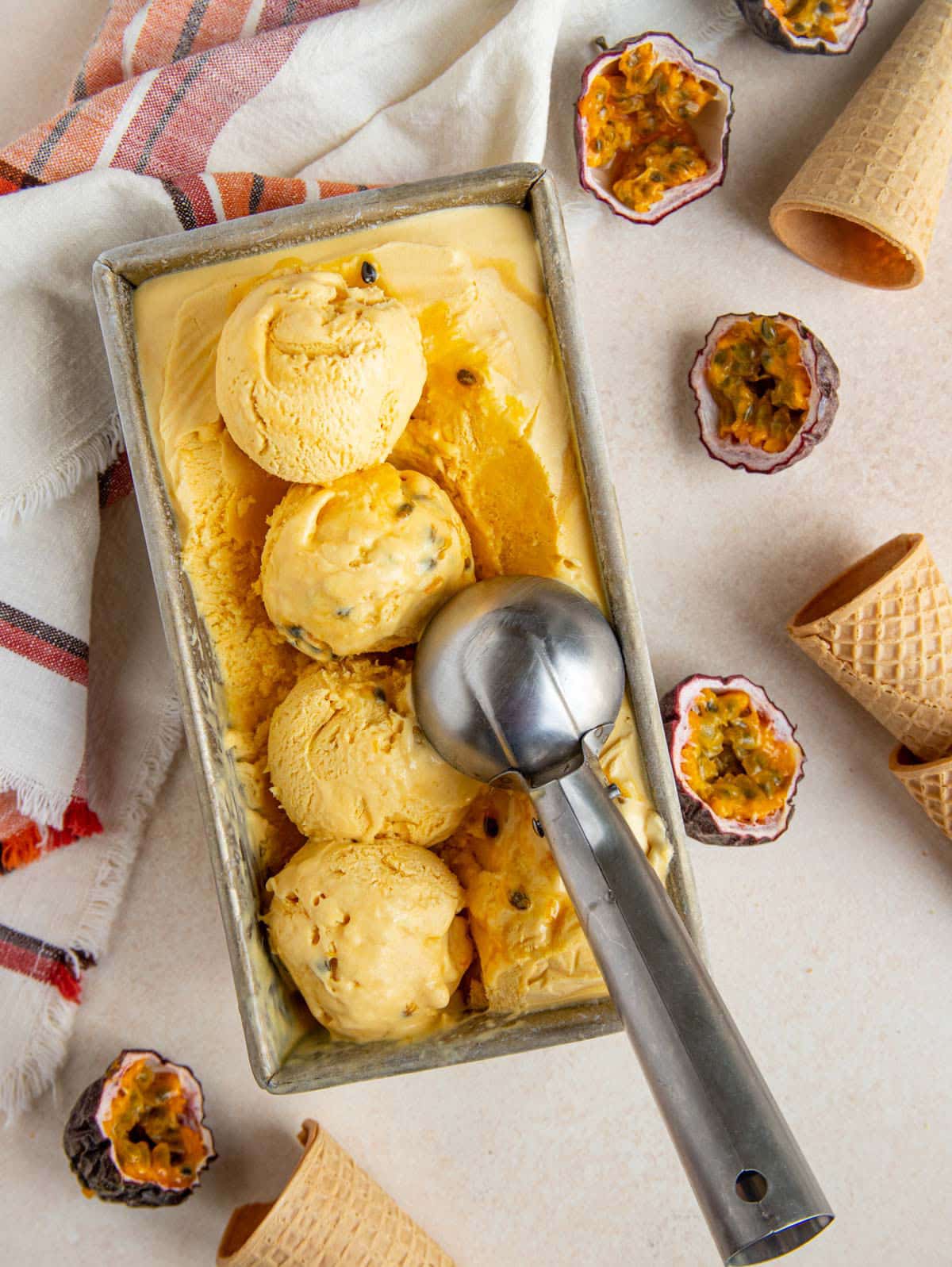 No-Churn Passion Fruit Ice Cream with Rum-Vanilla Caramel Sauce