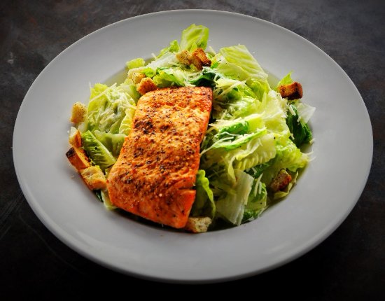 Cedar Plank Grilled Salmon Caesar Salad