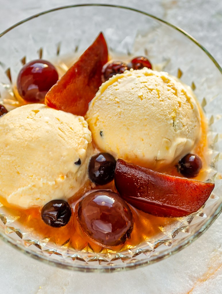 No-Churn Passion Fruit Ice Cream with Rum-Vanilla Caramel Sauce