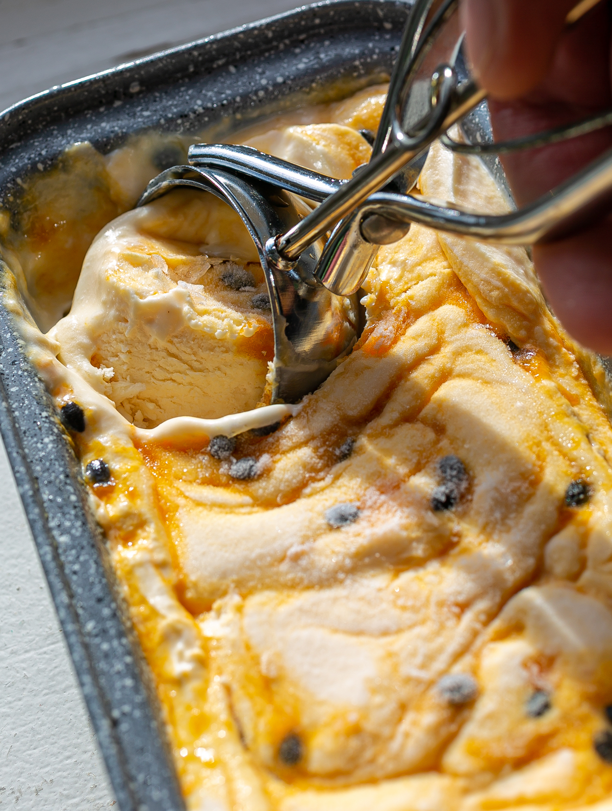 No-Churn Passion Fruit Ice Cream with Rum-Vanilla Caramel Sauce